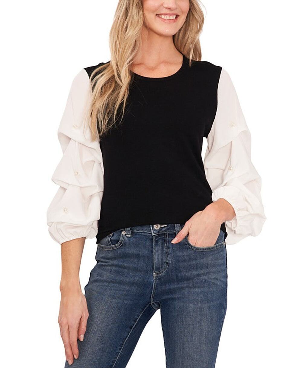 Cece Womens Ruffled Imitation Pearldetail Lantern Sleeve Sweater - L